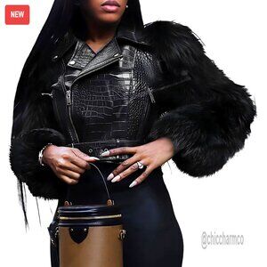 Cropped PU Leather Moto Jacket with Faux Fur Sleeves and Belt